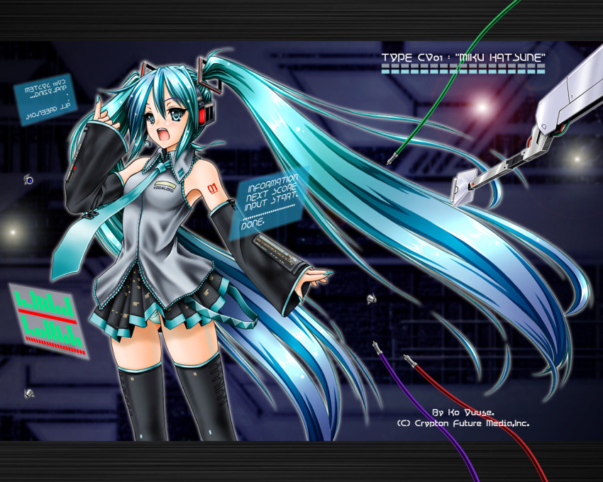 aqua_hair, detached_sleeves, hatsune_miku, headphones, long_hair, microphone, necktie, panties, skirt, striped, striped_panties, thigh-highs, thighhighs, twintails, underwear, vocaloid, wallpaper, yuuse_ko, yuuse_kouichi, zettai_ryouiki