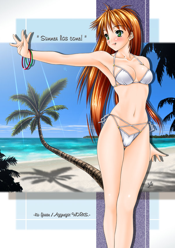 bikini, fang, green_eyes, long_hair, midriff, navel, orange_hair, original, palm_tree, palm_trees, side-tie_bikini, swimsuit, tree, yuuse_ko, yuuse_kouichi