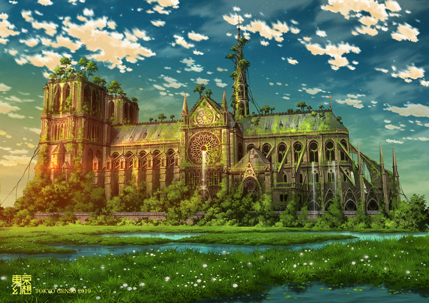 2019, artist_name, blue_sky, building, cathedral, clouds, cloudy_sky, commentary_request