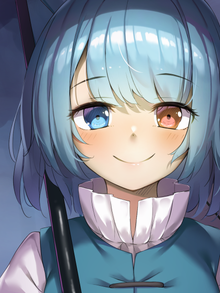 1girl, blue_background, blue_eyes, blue_hair, blush, collar, dot_nose, hair_between_eyes