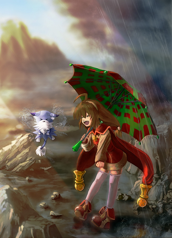 >_<, brown_hair, canyon, cape, closed_eyes, creature, happy, kakisuke
