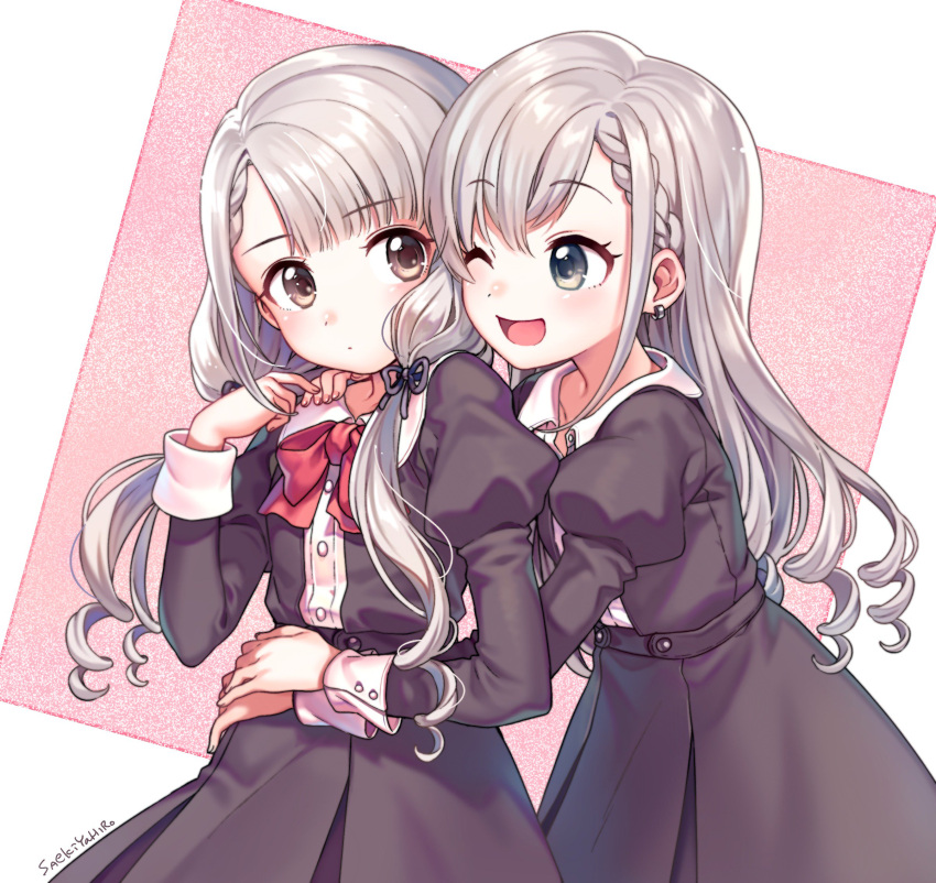 2girls, bangs, black_dress, blue_eyes, bow, braid, dress, earrings