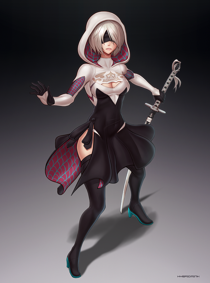 1girl, back_cutout, ballet_slippers, black_blindfold, black_hairband, blindfold, bodysuit, breasts