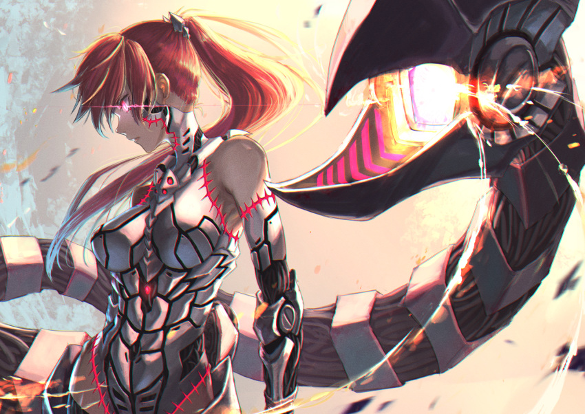 1girl, bangs, bare_shoulders, breasts, charging, expressionless, floating_hair, gloves, glowing, glowing_eyes, hair_ornament, highres, large_breasts, long_hair, looking_afar, mecha_musume, mechanical_arms, mechanical_legs, mechanical_tail, namahamu913, original, ponytail, scorpion_girl, scorpion_tail, sidelocks, solo, tail, weapon, wind