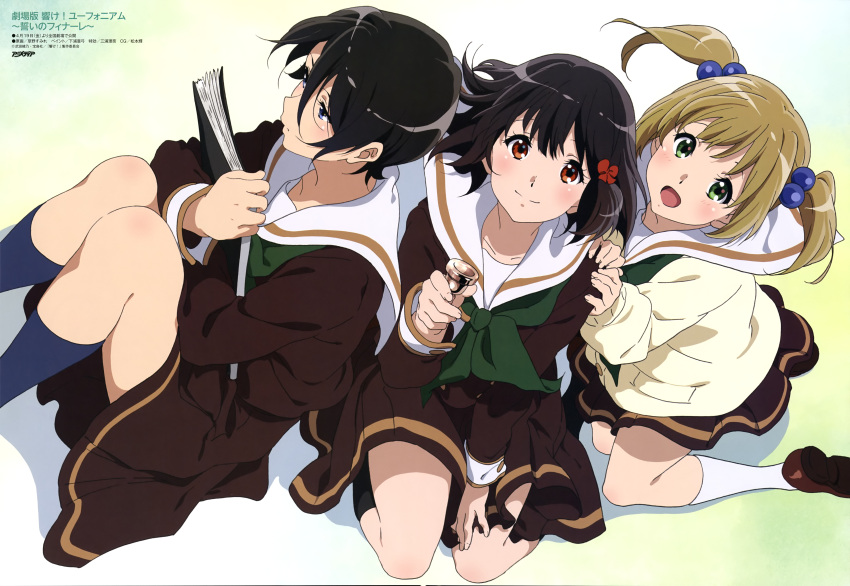 3girls, :d, absurdres, black_hair, blue_eyes, blue_legwear, bow, brown_footwear
