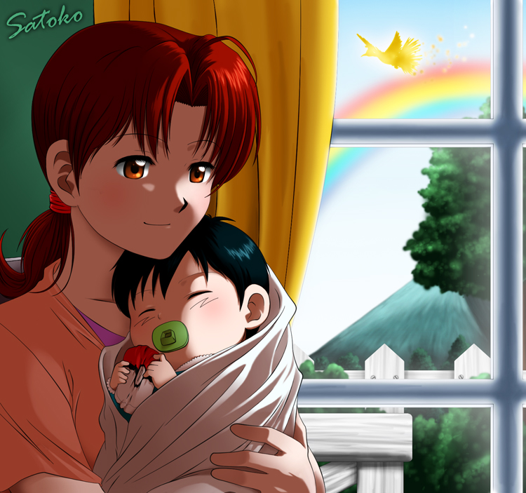 1boy, 1girl, ahoge, baby, black_hair, blush, brown_eyes, closed_eyes