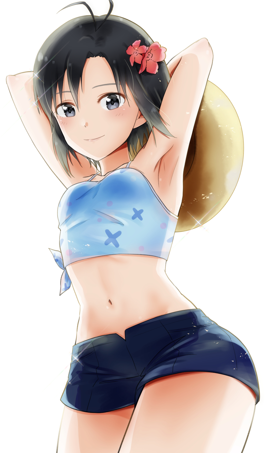 1girl, antenna_hair, armpits, arms_up, black_hair, blue_shirt, blue_shorts, breasts, collarbone, cowboy_shot, flower, from_below, hair_flower, hair_ornament, hat, hat_removed, headwear_removed, highres, holding, holding_hat, idolmaster, idolmaster_(classic), kikuchi_makoto, loli, looking_at_viewer, midriff, mogskg, navel, red_flower, shirt, short_hair, short_shorts, shorts, simple_background, sleeveless, sleeveless_shirt, small_breasts, solo, standing, stomach, sun_hat, thick_thighs, thighs, tied_shirt, white_background, wide_hips