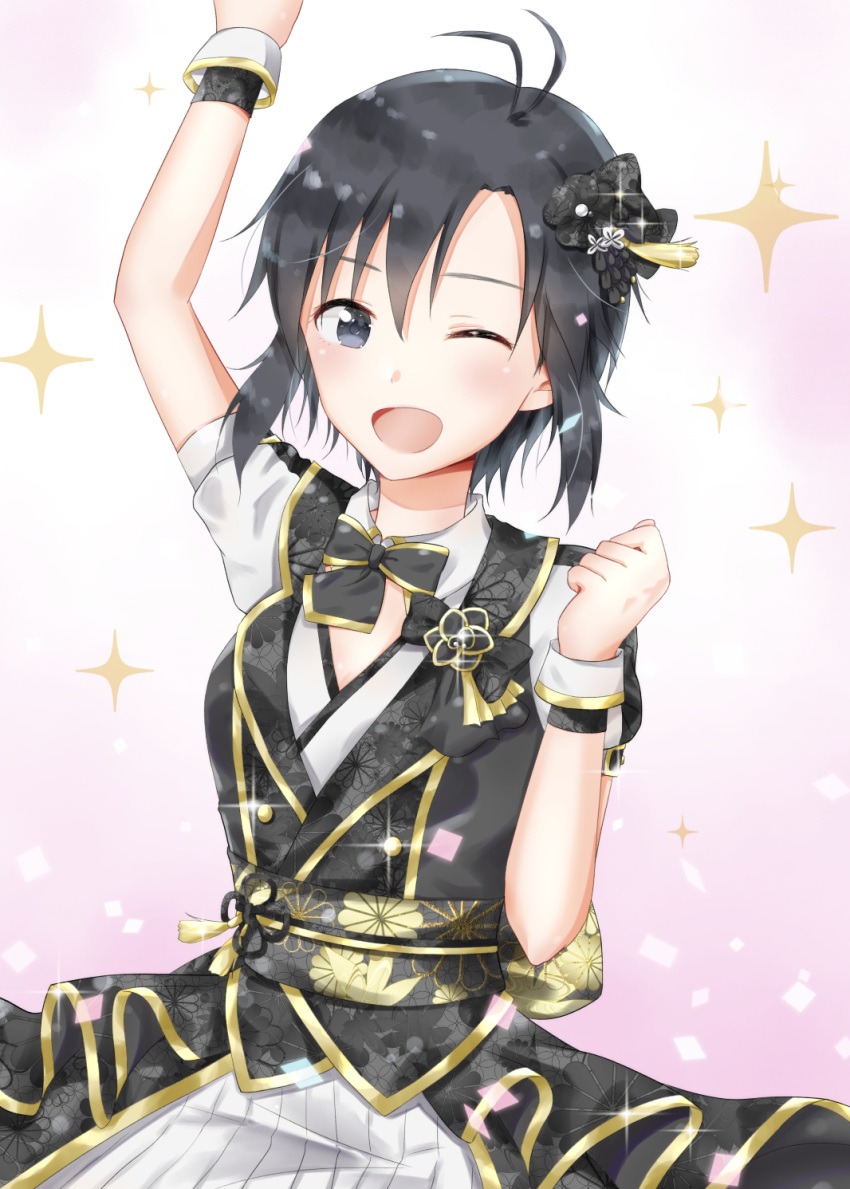 1girl, ;d, antenna_hair, arm_up, black_eyes, black_hair, black_neckwear, choker