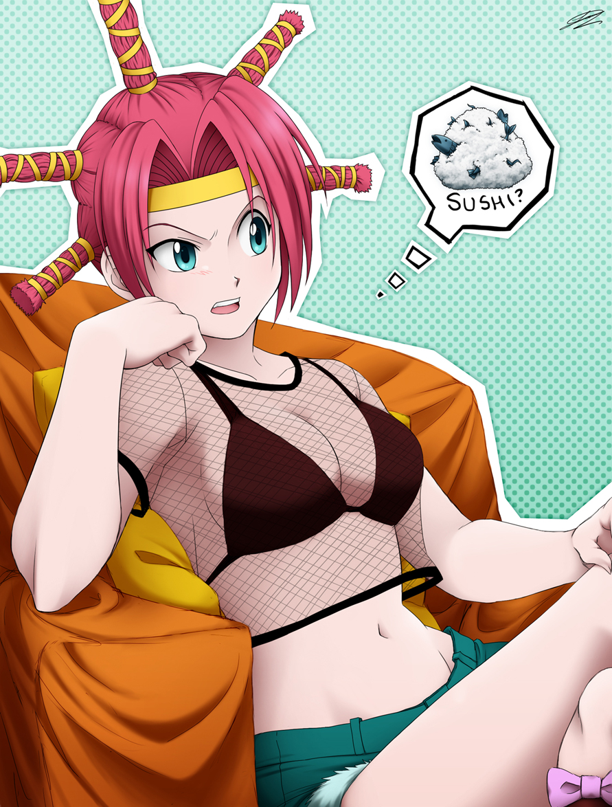 1girl, aqua_shorts, black_bikini_top, blue_eyes, bow, breasts, cleavage, collarbone