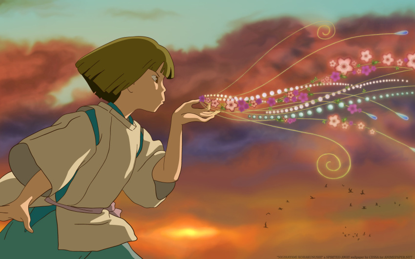 birds, blowing_breath, ghibli, nigihayami_kohakunushi, sen_to_chihiro_no_kamikakushi, sky, sunset