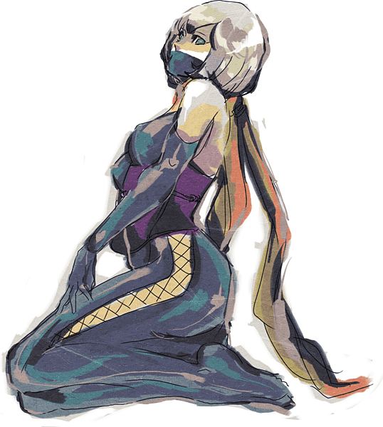 alternate_costume, aqua_eyes, bad_id, blue_eyes, brown_hair, elbow_gloves, erect_nipples, female, genderswap, gloves, grey_hair, hattori_hanko, hattori_hanzo, head_tilt, mask, nene, profile, robin7188, scarf, seiza, sengoku_musou, sengoku_musou_2, short_hair, sitting, solo