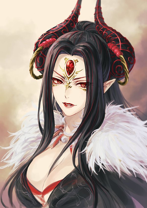 1girl, black_hair, breasts, cleavage, colored_eyelashes, facepaint, forehead_jewel, fur_trim