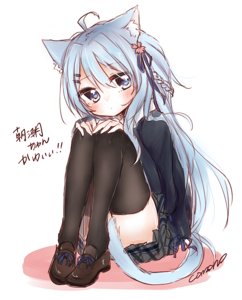 1girl, ahoge, animal_ears, azur_lane, bangs, black_legwear, blue_eyes, blue_hair, blue_jacket, blue_ribbon, blush, braid, brown_footwear, cat_ears, cat_tail, checkered, checkered_skirt, closed_mouth, convenient_censoring, eyebrows_visible_through_hair, flower, full_body, grey_skirt, hair_flower, hair_ornament, hair_ribbon, hairclip, hands_on_own_knees, head_rest, jacket, knees_up, legs_together, loafers, long_hair, looking_at_viewer, nor9re, pink_flower, pleated_skirt, ribbon, ribbon-trimmed_clothes, ribbon-trimmed_footwear, ribbon_trim, shoes, shoes_removed, side_ponytail, simple_background, sitting, skirt, solo, tail, tail_censor, thigh-highs, white_background
