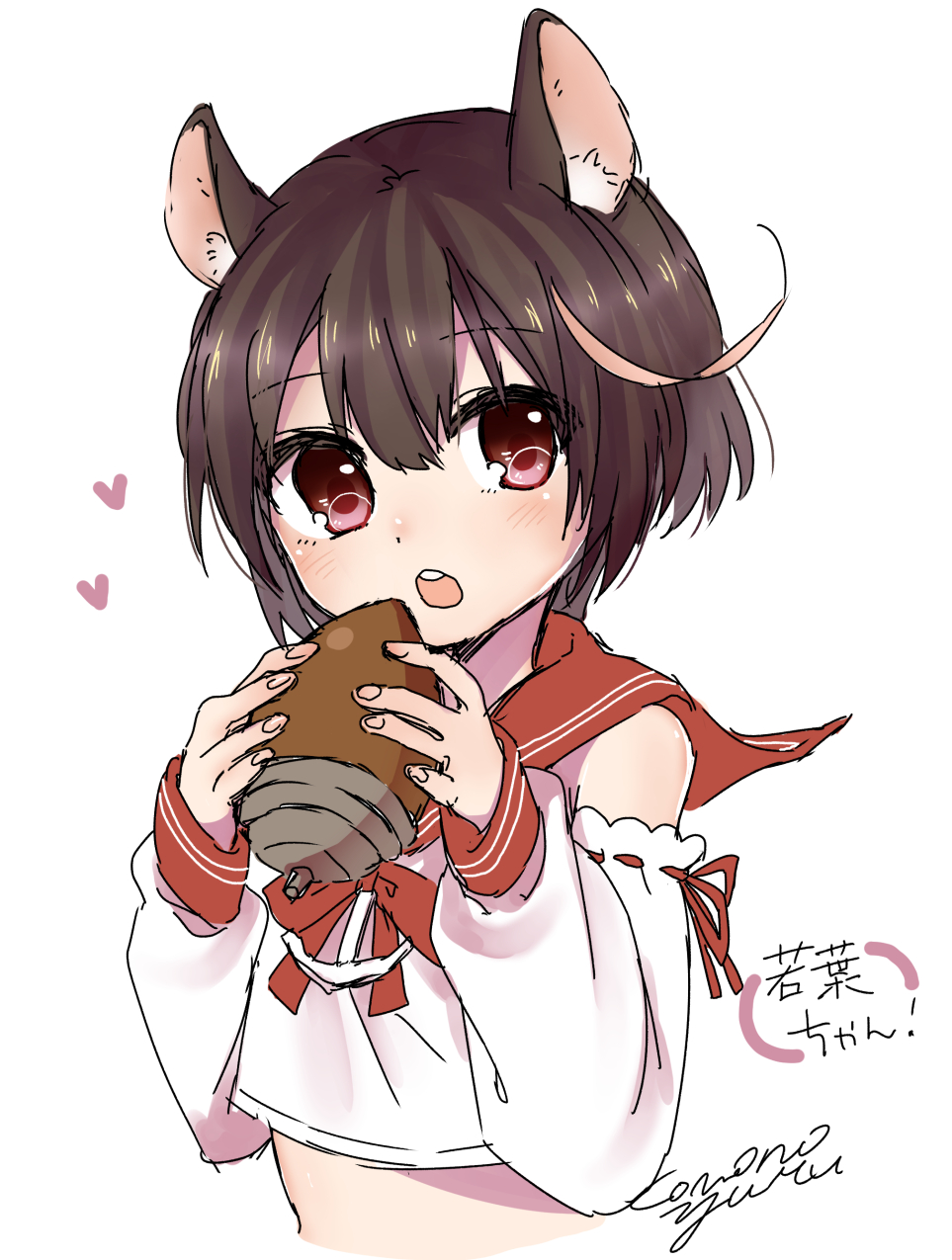 1girl, :o, acorn, ahoge, animal_ears, azur_lane, bangs, bare_shoulders, blush, brown_hair, crop_top, detached_sleeves, eyebrows_visible_through_hair, food, heart, highres, holding, holding_acorn, holding_food, long_sleeves, looking_at_viewer, neck_ribbon, nor9re, open_mouth, puffy_long_sleeves, puffy_sleeves, red_eyes, red_ribbon, red_sailor_collar, ribbon, ribbon-trimmed_sleeves, ribbon_trim, sailor_collar, school_uniform, serafuku, shirt, short_hair, signature, simple_background, solo, squirrel_ears, teeth, upper_body, wakaba_(azur_lane), white_background, white_shirt