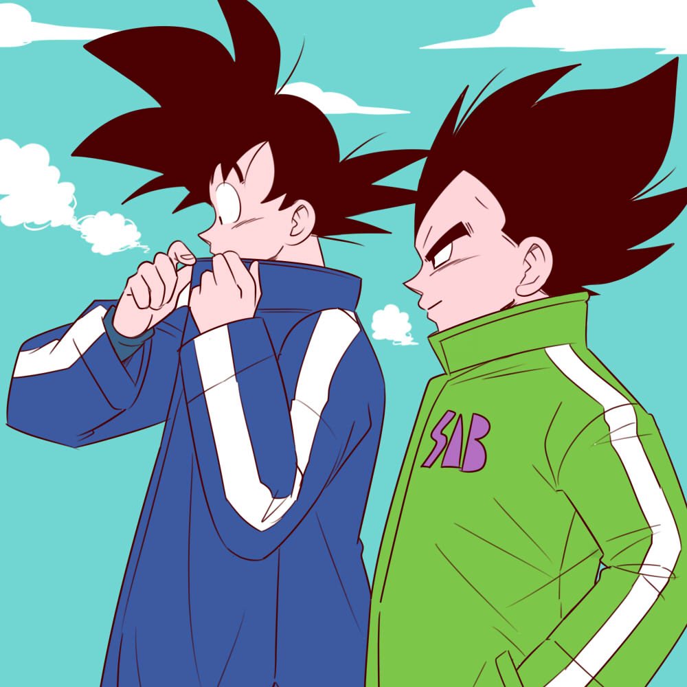 2boys, =3, adjusting_clothes, adjusting_collar, black_eyes, black_hair, blue_coat, blue_sky