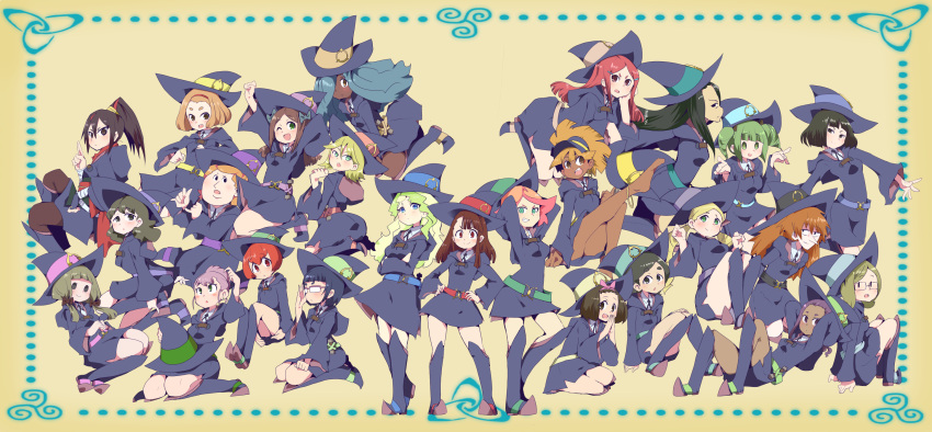 6+girls, absolutely_everyone, adjusting_eyewear, amanda_o'neill, aqua_bow, aqua_ribbon, arms_behind_head, asymmetrical_bangs