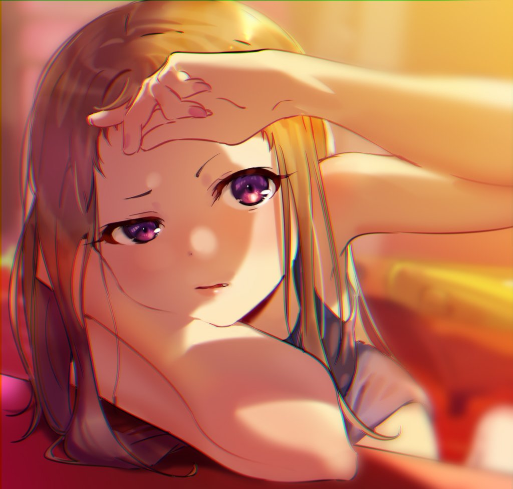 1girl, arm_rest, bare_arms, blurry, blurry_background, brown_hair, chin_rest, close-up
