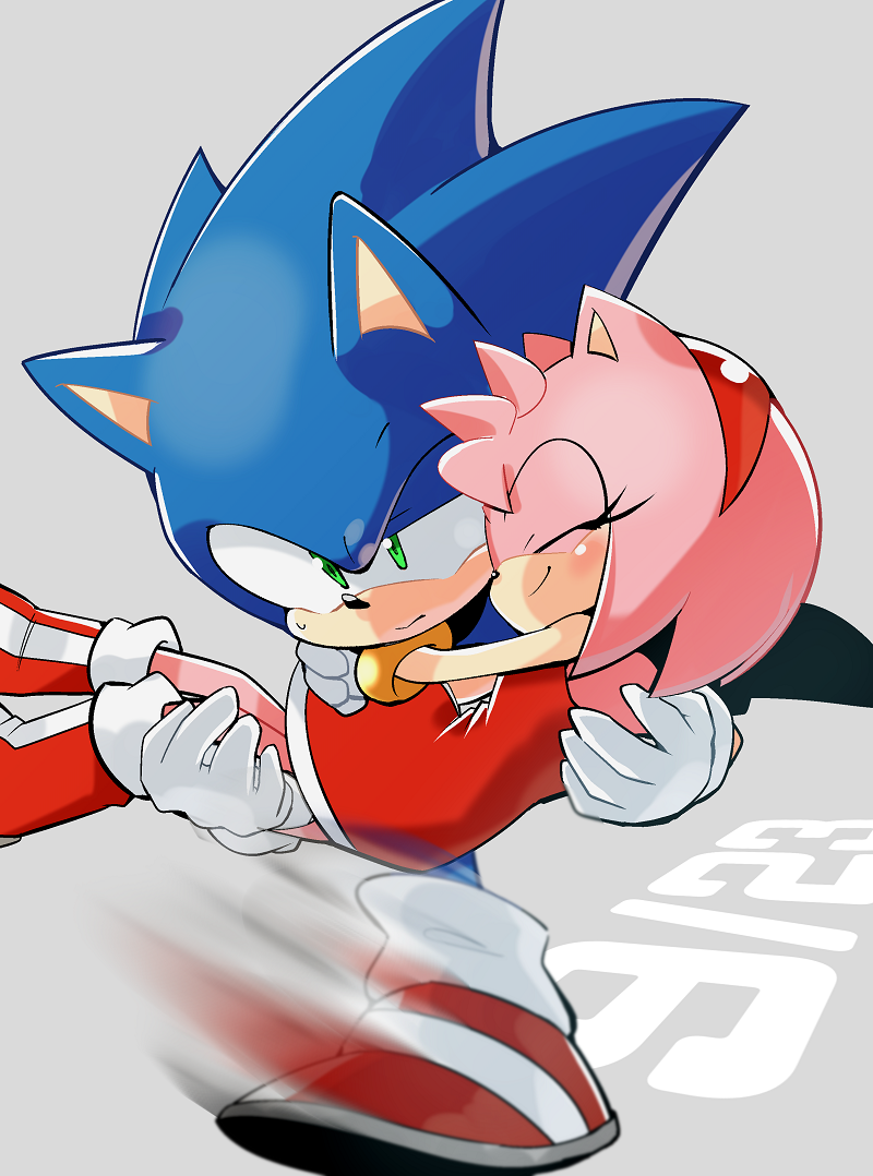 1boy, 1girl, amy_rose, carrying, dated, dress, gloves, green_eyes, hairband, happy, hug, posojo123, princess_carry, red_dress, red_footwear, red_hairband, running, shoes, sonic, sonic_(series), sonic_the_hedgehog