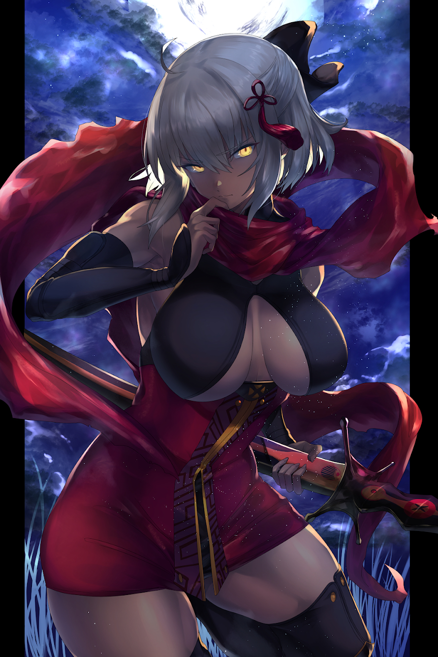 1girl, ahoge, arm_guards, bangs, bare_shoulders, black_bow, bow, breasts