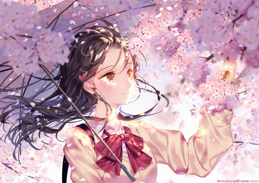 1girl, black_hair, blurry, blurry_foreground, blush, bow, bowtie, brown_cardigan