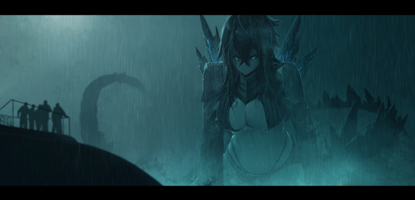 1girl, borrowed_design, breasts, cleavage, clouds, cloudy_sky, dark_clouds, dark_sky, dishwasher1910, giantess, glowing, glowing_eyes, godzilla, godzilla:_king_of_the_monsters, godzilla_(2019), godzilla_(series), large_breasts, legendary_pictures, looking_at_viewer, monsterverse, navel, personification, rain, serious, shrug, sky, solo_focus, spiked_tail, spikes, stomach, submarine, tail, thong, toho_(film_company), water, watercraft, wet