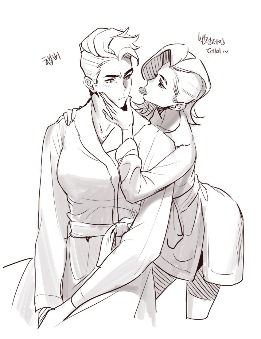 2girls, arm_around_back, bathrobe, blush, cropped_legs, food_in_mouth, hand_on_another's_chin, highres, imminent_kiss, medium_hair, mingpu, mole, mole_under_eye, monochrome, mouth_hold, multiple_girls, overwatch, pink_hair, short_hair, sombra_(overwatch), undercut, very_short_hair, yuri, zarya_(overwatch)