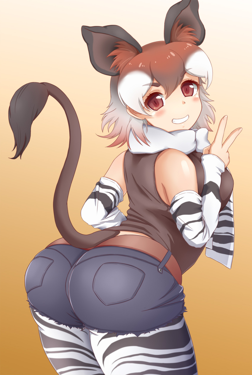 1girl, animal_ear_fluff, animal_ears, arched_back, ass, bare_shoulders, belt, blush, breasts, brown_eyes, brown_hair, cowboy_shot, curvy, cutoffs, denim, denim_shorts, detached_sleeves, eyebrows_visible_through_hair, grin, hair_between_eyes, hand_up, highres, huge_ass, kemono_friends, large_breasts, leaning_forward, legwear_under_shorts, looking_at_viewer, medium_hair, morimasakazu, multicolored_hair, okapi_(kemono_friends), okapi_ears, okapi_tail, pantyhose, pocket, print_legwear, print_neckwear, print_sleeves, scarf, shirt, shorts, sleeveless, sleeveless_shirt, smile, solo, tail, thick_thighs, thighs, v, v-shaped_eyebrows, white_hair, wide_hips