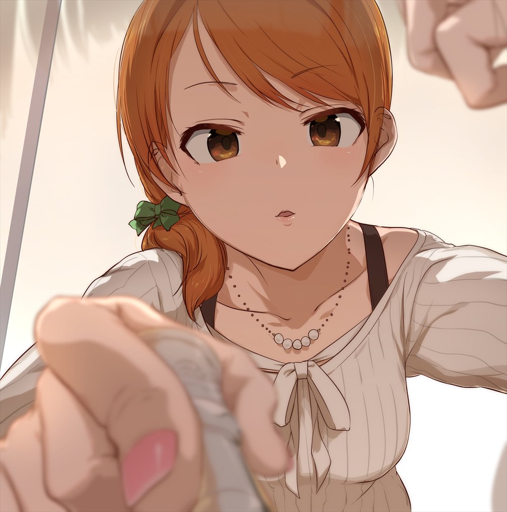 1girl, alternate_hairstyle, ao_(aocooler), blurry, bow, bra_strap, brown_eyes, brown_hair
