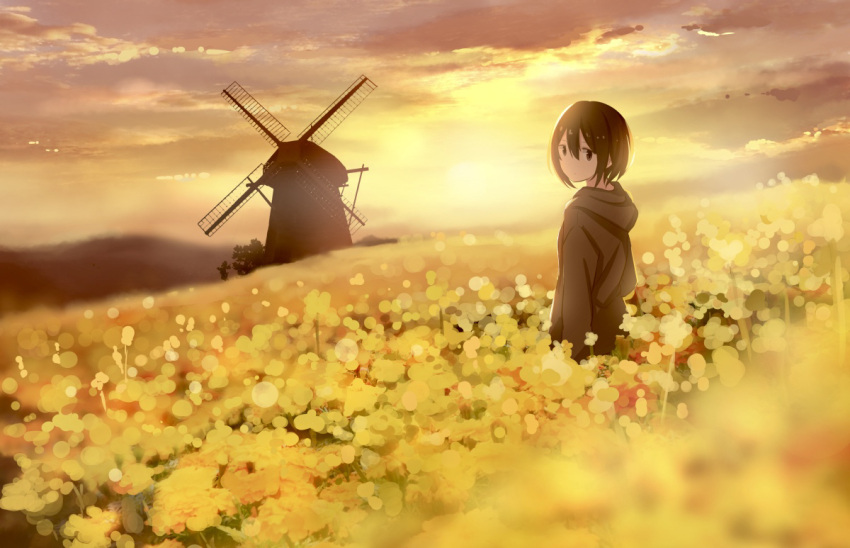 1girl, backlighting, blurry, blurry_foreground, brown_eyes, brown_hair, clouds, cloudy_sky