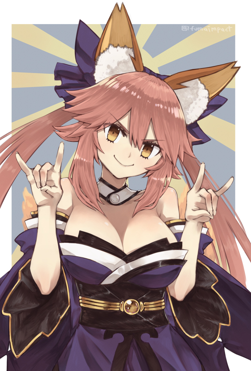 >:), 1girl, animal_ear_fluff, animal_ears, bare_shoulders, blue_kimono, blue_ribbon, blush