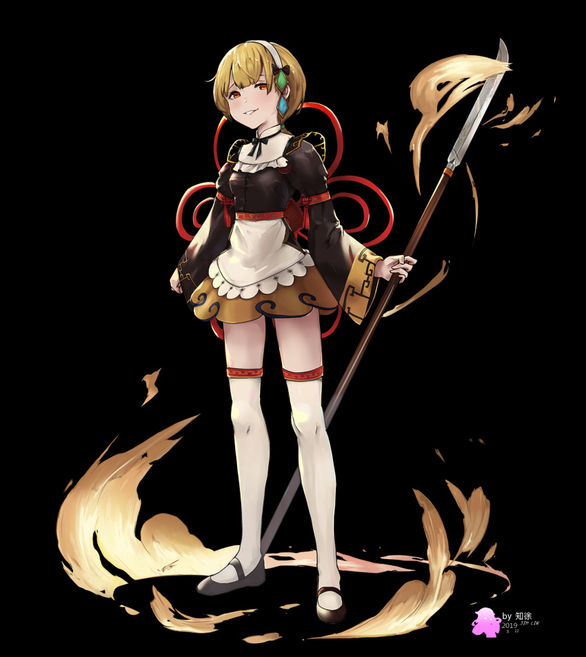 1girl, artist_name, black_background, black_footwear, black_ribbon, blonde_hair, clenched_hand, dated
