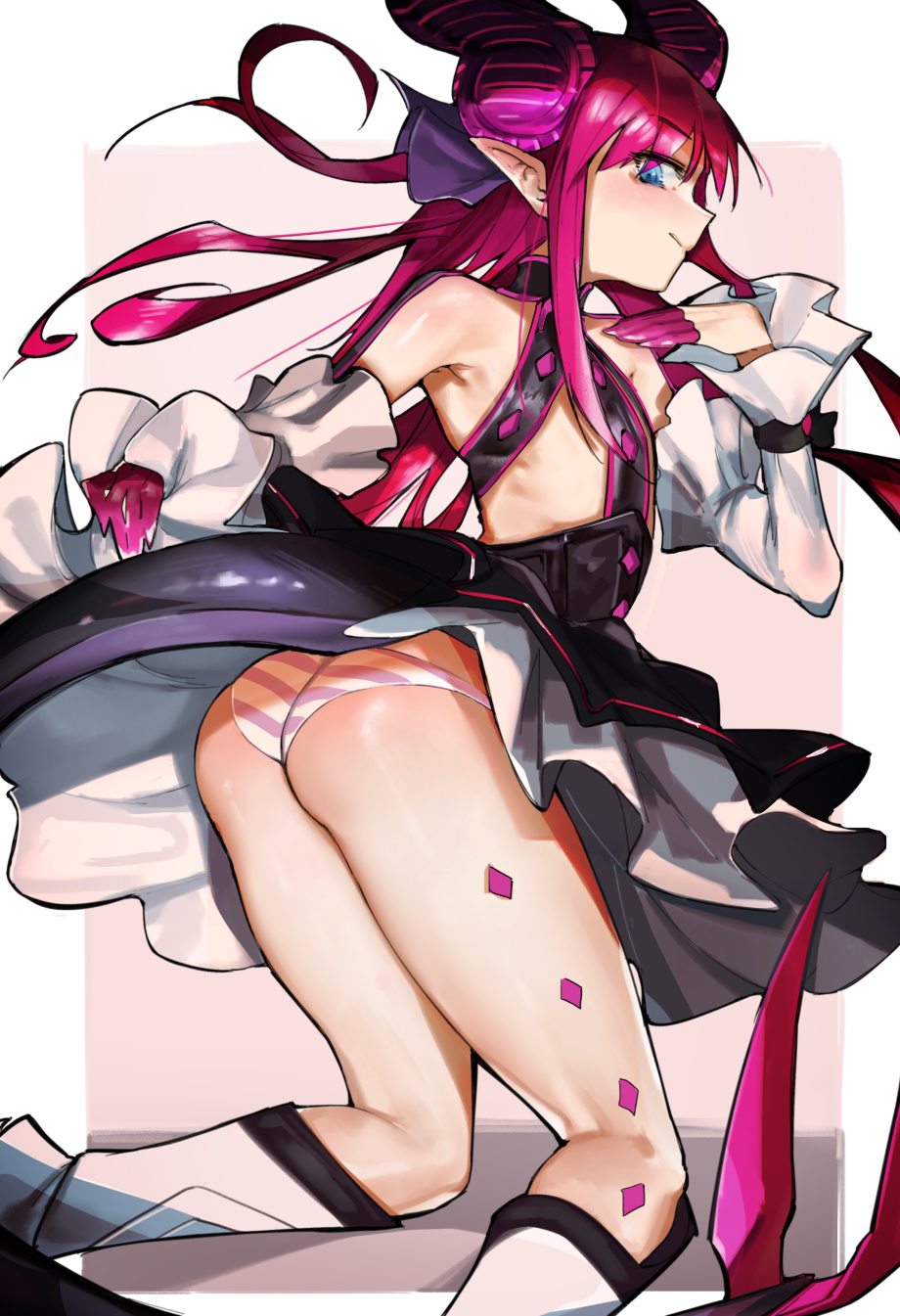 1girl, ass, blue_eyes, detached_sleeves, dragon_girl, dragon_horns, dragon_tail, dress