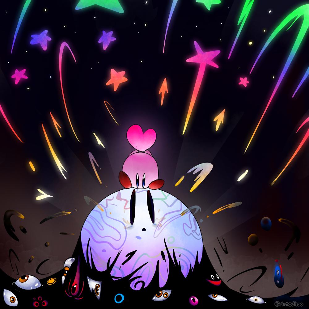2others, artzchao, black_eyes, blue_eyes, commentary, dark_matter, dark_nebula, english_commentary, eye_contact, good_end, gooey, heart, kirby, kirby:_star_allies, kirby_(series), looking_at_another, looking_down, looking_up, miracle_matter, nintendo, no_humans, one-eyed, orange_eyes, pink_eyes, red_eyes, sky, space, spoilers, star, star_(sky), starry_sky, twitter_username, void_soul, watermark, zero_(kirby)