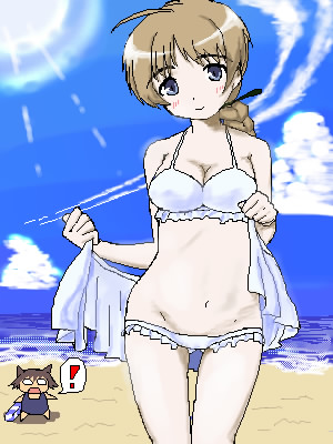2girls, aki426, bad_id, beach, bikini, blue_eyes, braid, breasts
