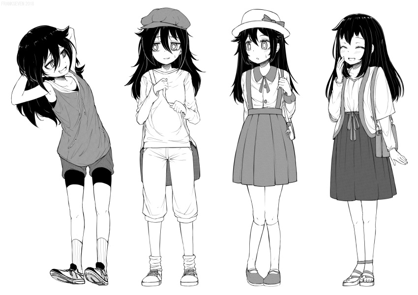 4girls, arms_behind_head, bags_under_eyes, bangs, blush, closed_eyes, frankseven, full_body