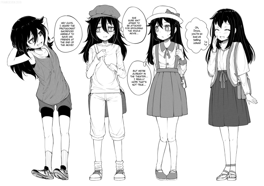 4girls, arms_behind_head, bags_under_eyes, bangs, blush, closed_eyes, english_text, frankseven