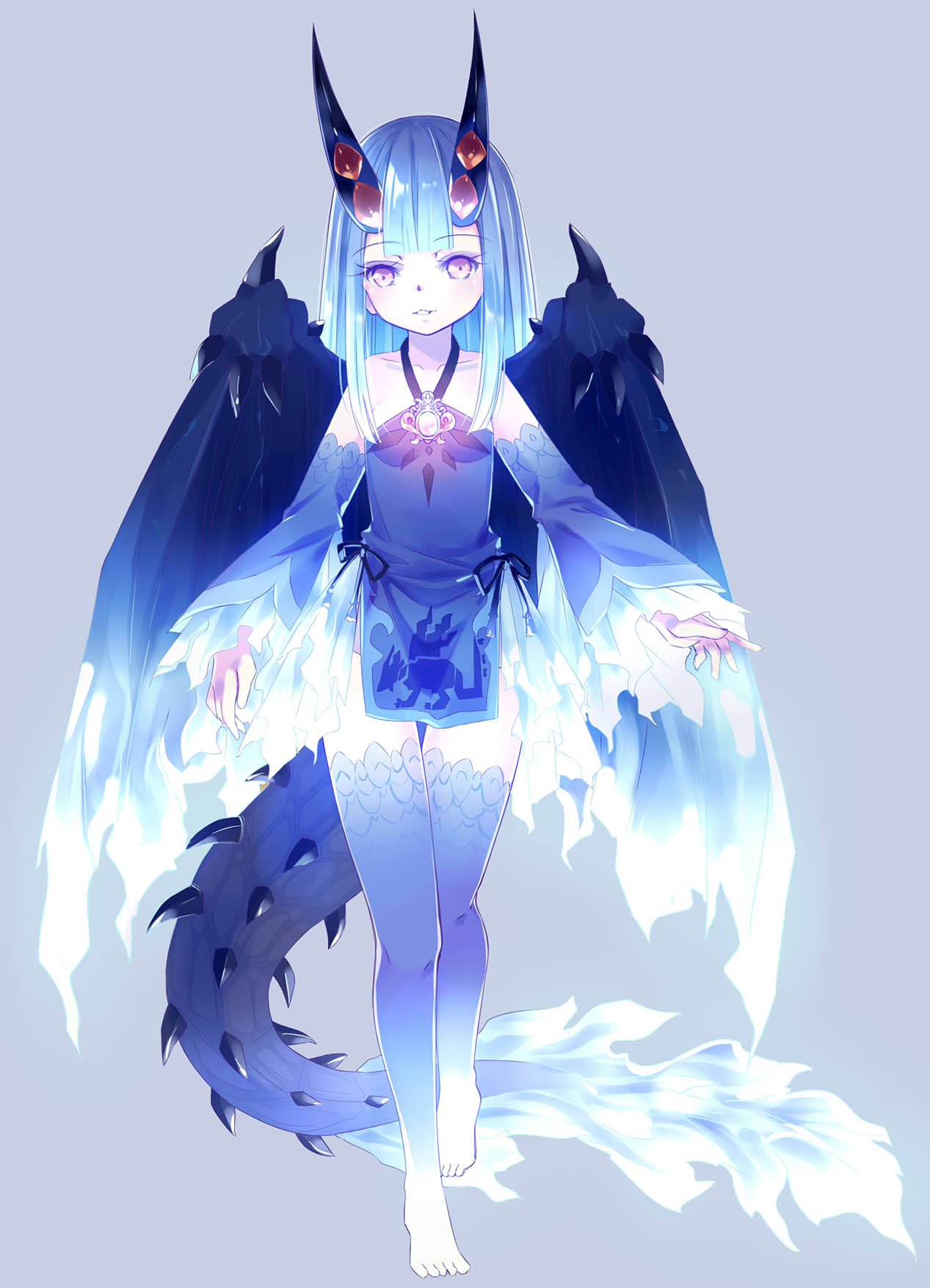 1girl, 54hao, bangs, bare_shoulders, blue_dress, blue_hair, blue_sleeves, blue_wings, blunt_bangs, blush, collarbone, commentary_request, detached_sleeves, dragon_girl, dragon_horns, dragon_tail, dragon_wings, dress, eyebrows_visible_through_hair, full_body, grey_background, halterneck, highres, horns, long_hair, long_sleeves, monster_hunter, monster_hunter:_world, parted_lips, pelvic_curtain, personification, purple_legwear, short_dress, simple_background, sleeveless, sleeveless_dress, sleeves_past_wrists, solo, standing, standing_on_one_leg, tail, thigh-highs, thigh_gap, very_long_hair, violet_eyes, wide_sleeves, wings, xeno'jiiva