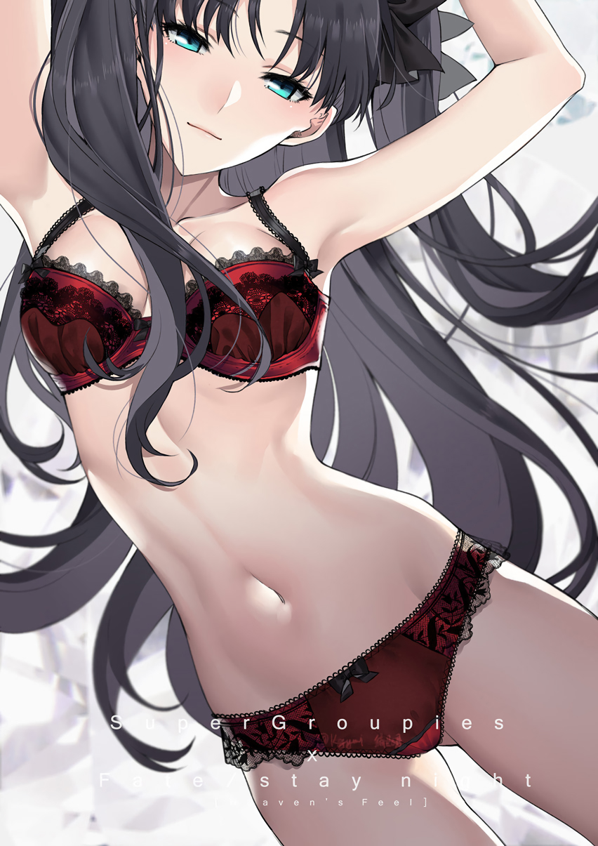 1girl, armpits, arms_up, bangs, bare_shoulders, black_hair, black_ribbon, blue_eyes