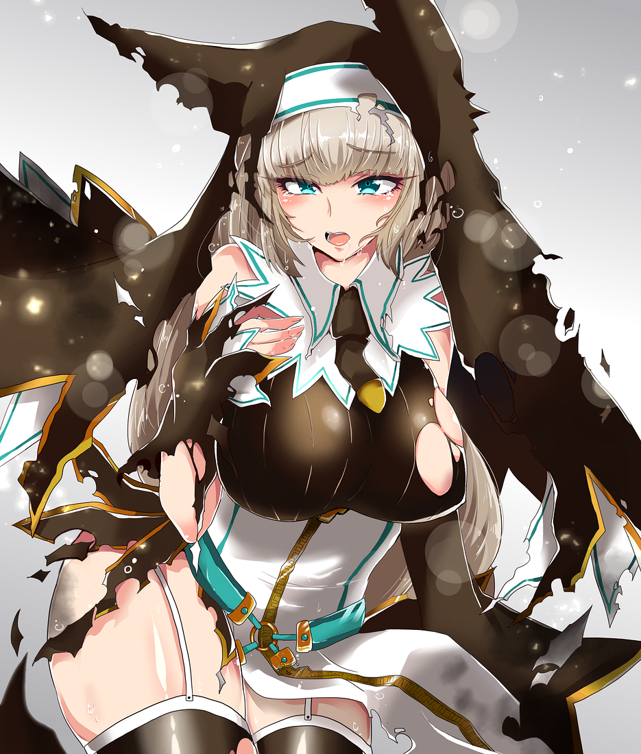 1girl, bare_shoulders, black_legwear, blue_eyes, blush, bombergirl, breasts, brown_hair, eyebrows_visible_through_hair, huge_breasts, kuromitu66, large_breasts, long_hair, looking_at_viewer, nun, open_mouth, ribbed_sweater, sepia_belmondo, solo, sweater, thigh-highs, torn_clothes