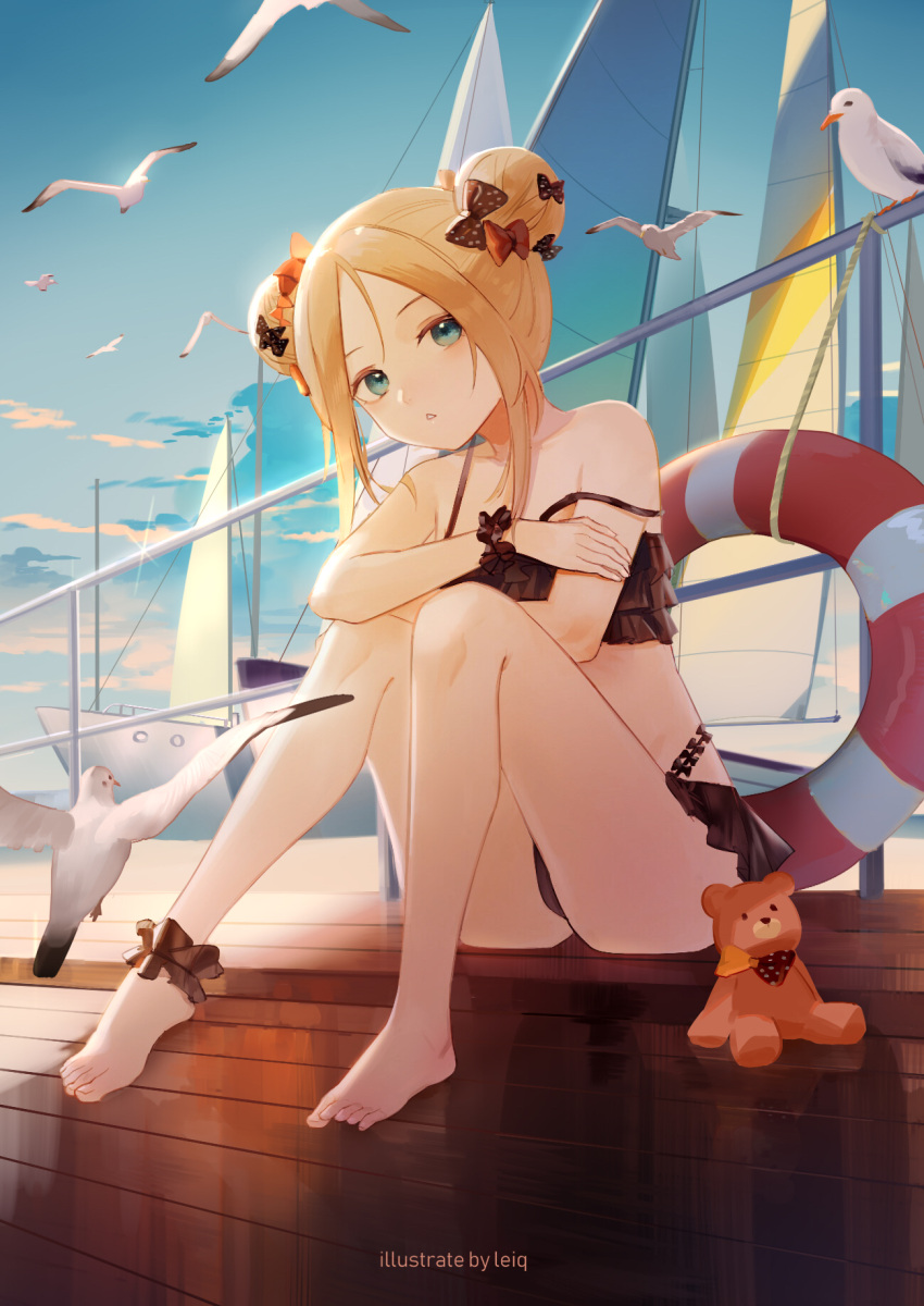 1girl, abigail_williams_(fate/grand_order), animal, ankle_scrunchie, artist_name, bangs, bare_legs, bare_shoulders