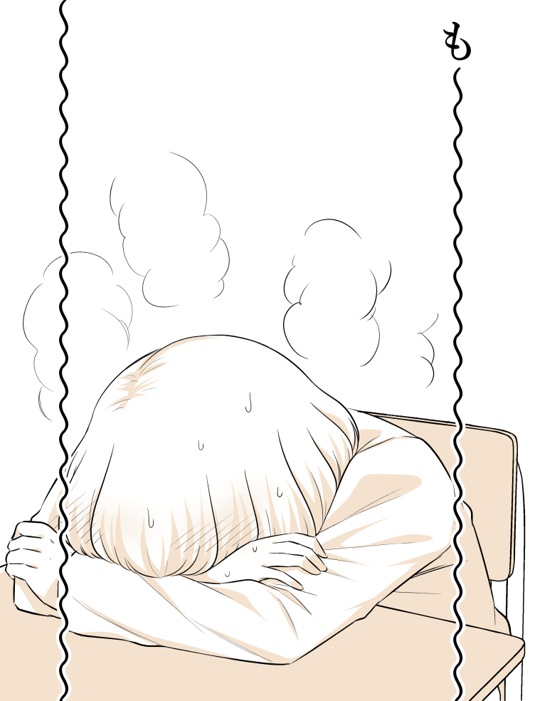 1girl, blush, chair, embarrassed, facedesk, hidden_face, meis_(terameisu), monochrome