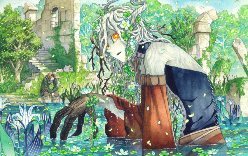 1boy, 1girl, blonde_hair, commentary_request, detached_sleeves, fantasy, headband, horns