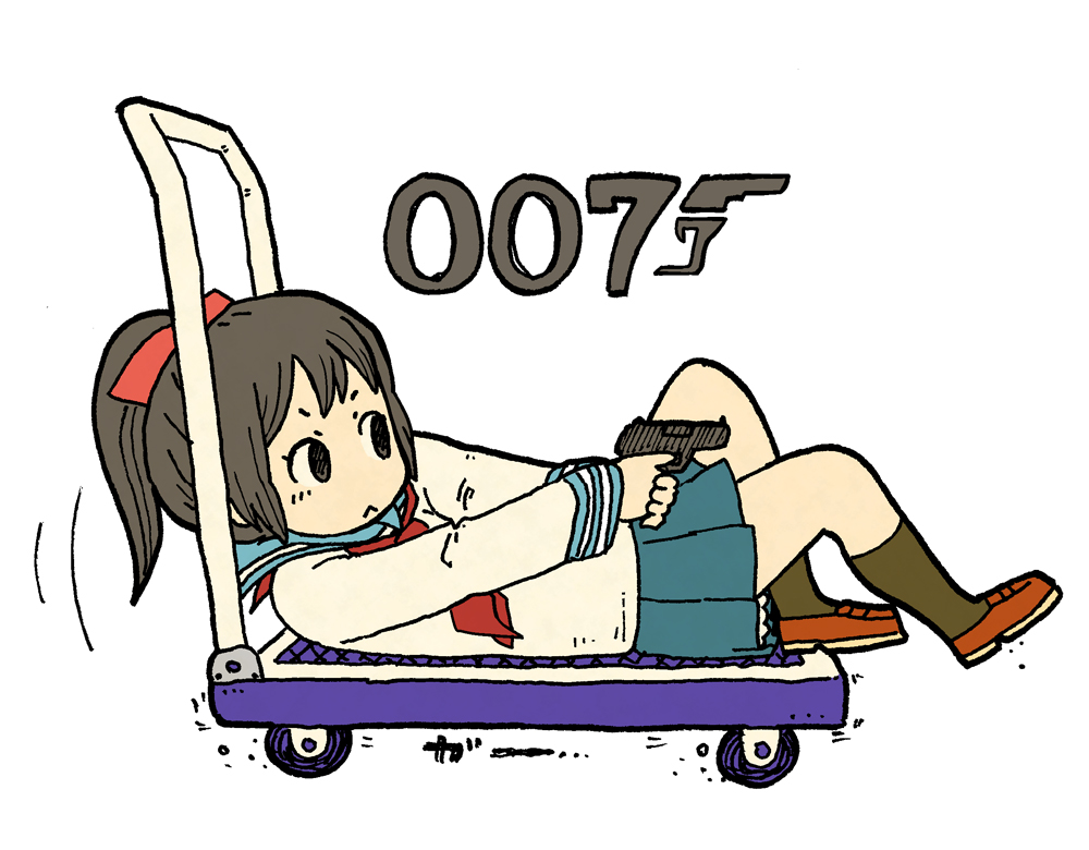1girl, :<, bow, brown_eyes, brown_hair, gun, hair_bow, hand_truck