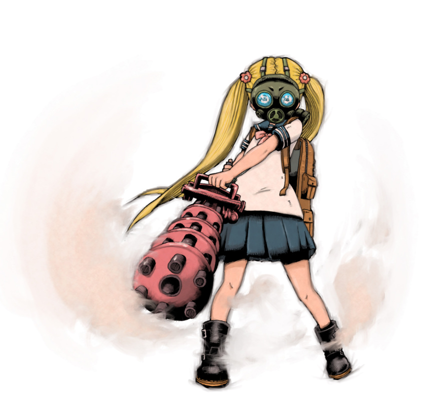 1girl, backpack, bag, blonde_hair, boots, flower, gas_mask, gatling_gun