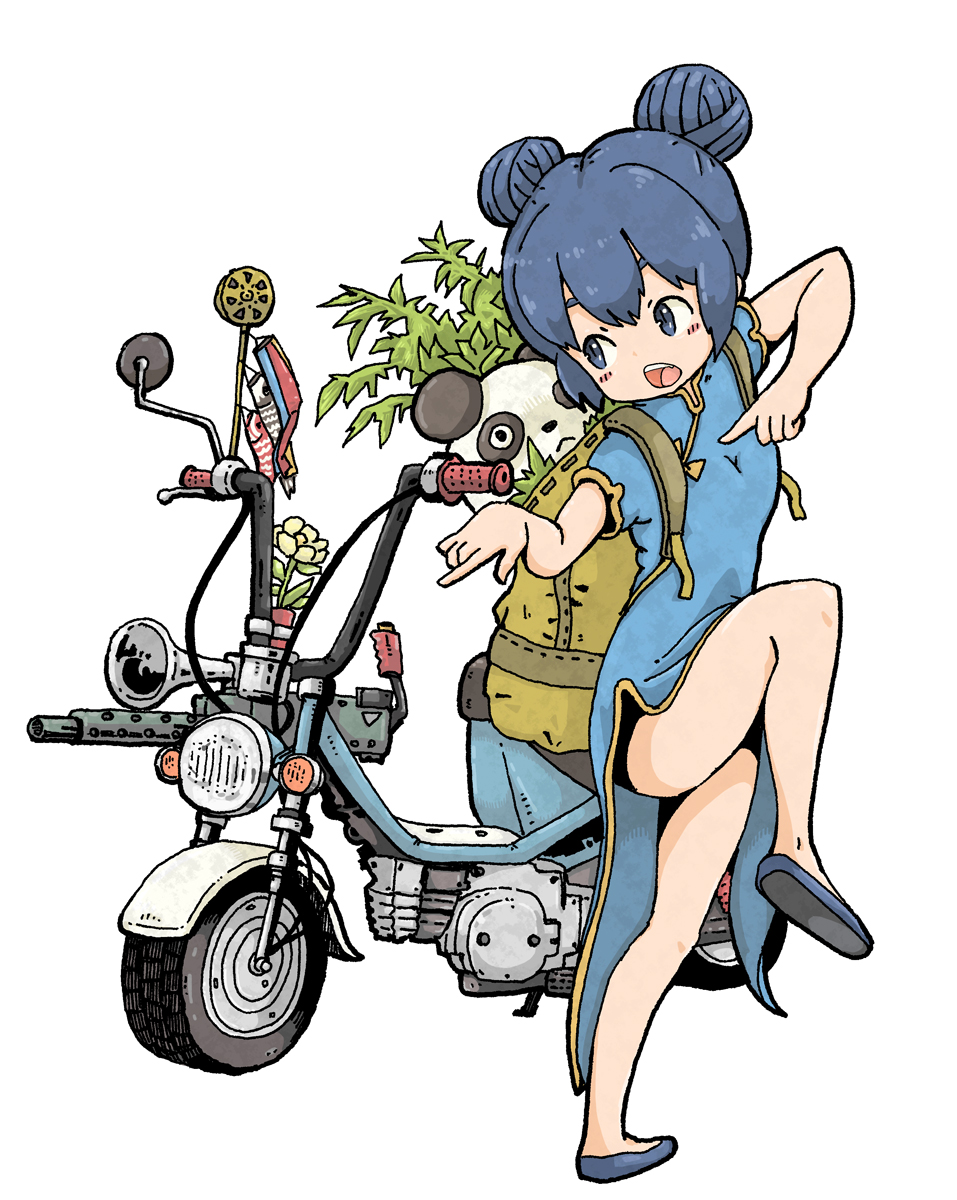 1girl, backpack, bag, blue_eyes, blue_hair, blush_stickers, china_dress, chinese_clothes
