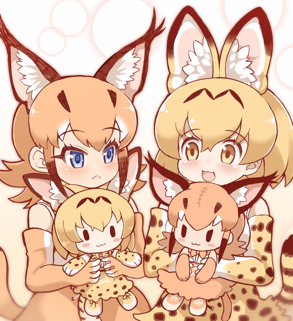 2girls, :<, :3, animal_ear_fluff, animal_ears, bare_shoulders, black_hair, blonde_hair