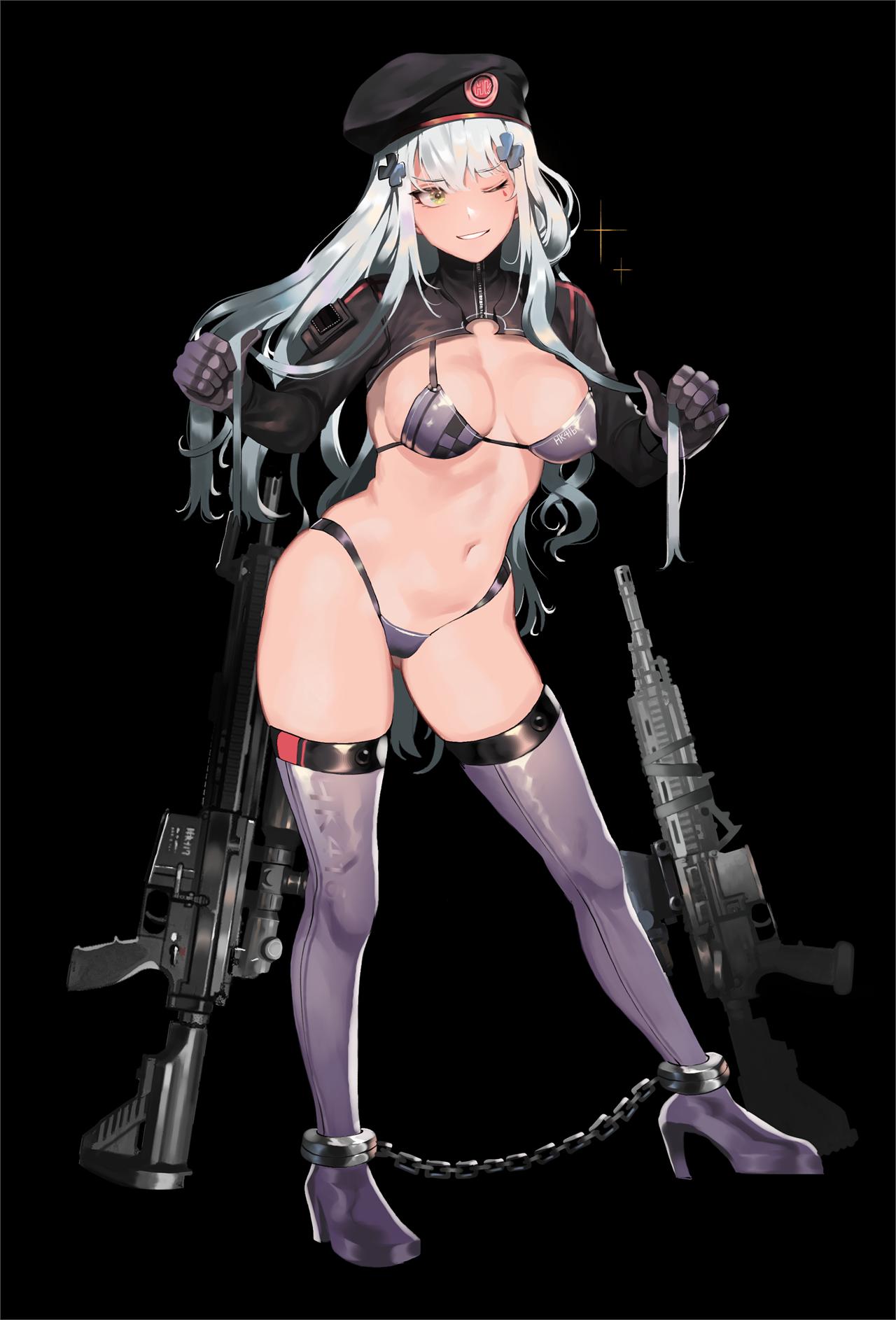 1girl, adapted_costume, assault_rifle, bangs, battle_rifle, beret, bikini, black_background