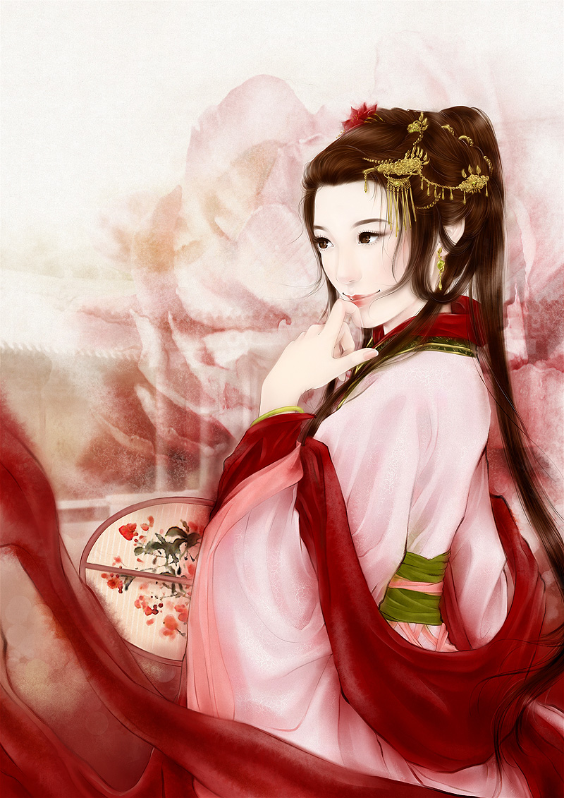 1girl, brown_eyes, brown_hair, dress, earrings, fan, flower, hair_flower, hair_ornament, hand_up, jewelry, lipstick, long_hair, makeup, original, paper_fan, pink_dress, smile, solo, standing, very_long_hair, wistaria99
