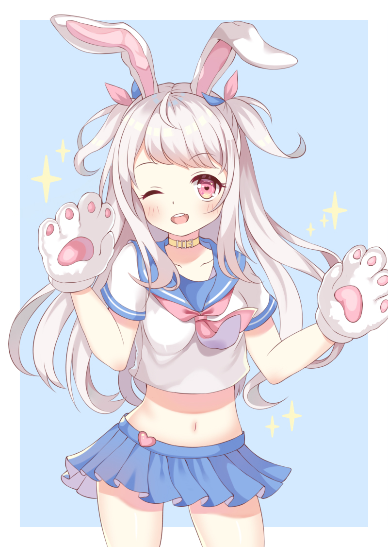 1girl, ;d, animal_ears, blue_background, blue_ribbon, blue_sailor_collar, blue_skirt, blush