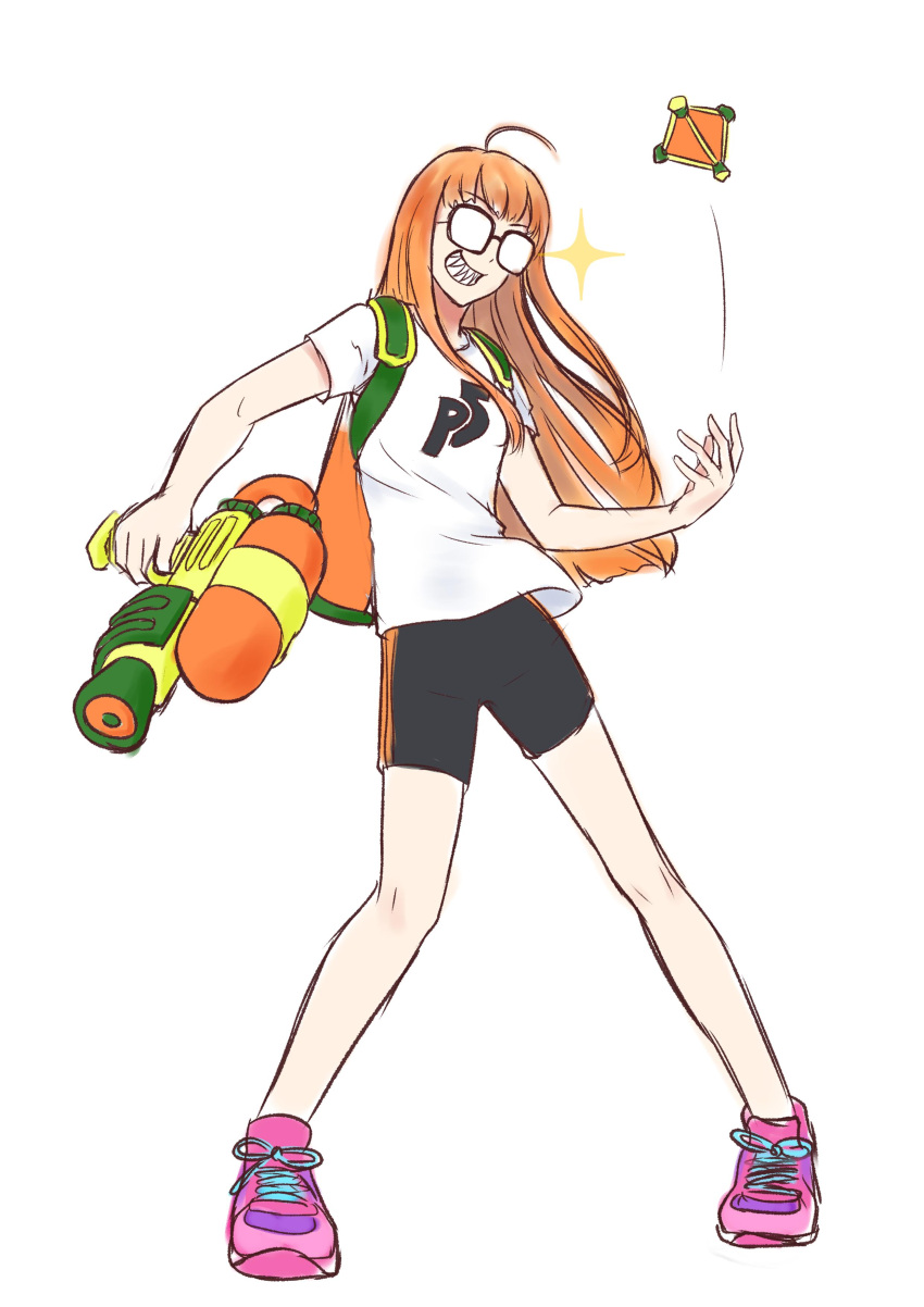 1girl, absurdres, atlus, bike_shorts, cosplay, full_body, glasses, headphones